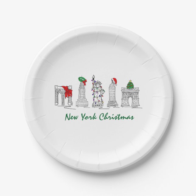 New York City Christmas NYC Landmarks Holiday Paper Plates (Front)