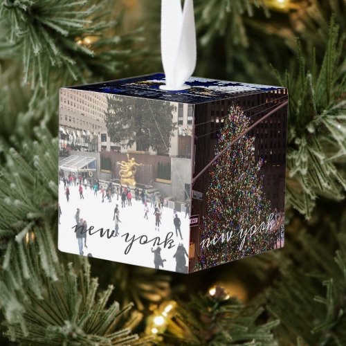 New York City Christmas Tree Lights Taxi Photo Cube Ornament