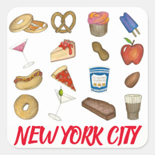 New York City Classic NYC Foods Pizza Bagel Steak Square Sticker