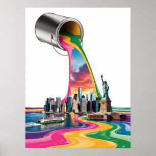 New York City Colorful Rainbow Paint Pour Poster