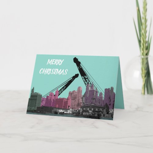 New York City Crane Operator 1930s Skyline Comic Holiday Card