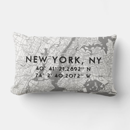 New York City Custom Map  Black White Gray Lumbar Pillow