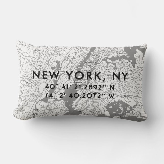 New York City Custom Map | Black White Gray Lumbar Pillow (Front)