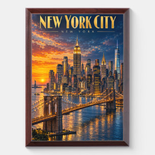 New York City Golden Skyline Sunset Travel Poster Award Plaque