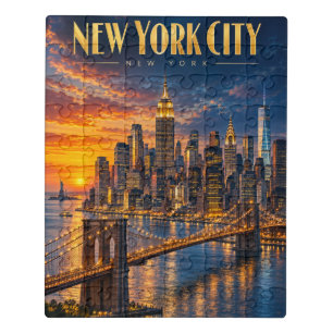 New York City Golden Skyline Sunset Travel Poster Jigsaw Puzzle