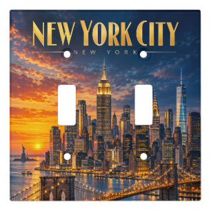 New York City Golden Skyline Sunset Travel Poster Light Switch Cover