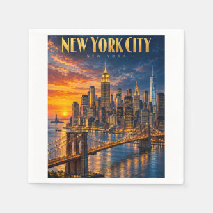 New York City Golden Skyline Sunset Travel Poster Napkins
