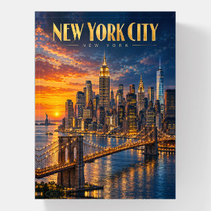 New York City Golden Skyline Sunset Travel Poster Paperweight