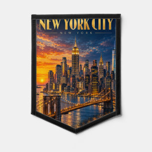 New York City Golden Skyline Sunset Travel Poster Pennant