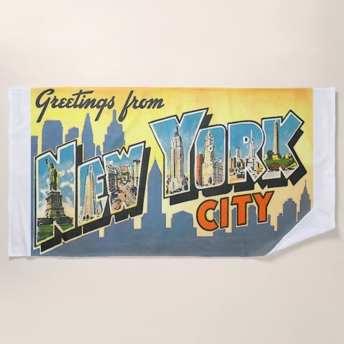 New York City Greetings Retro Art Colorful Skyline Beach Towel