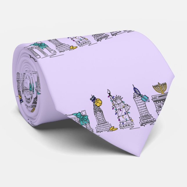 New York City Hanukkah NYC Chanukah Purple Holiday Tie (Rolled)