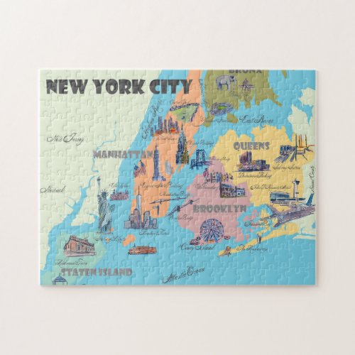 New York City Illustrated Retro Vintage Map Jigsaw Puzzle
