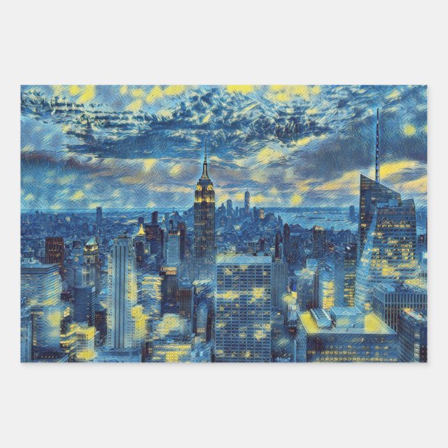 New York City in Van Gogh Starry Night Abstract Wrapping Paper Sheets (Front)