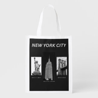 New York City Landmarks Black White Urban Illustra Grocery Bag
