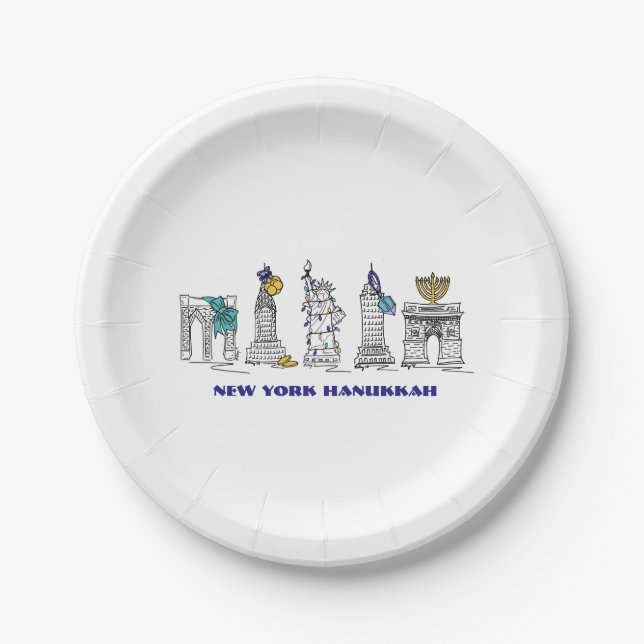 New York City Landmarks Hanukkah NYC Chanukah Paper Plates (Front)