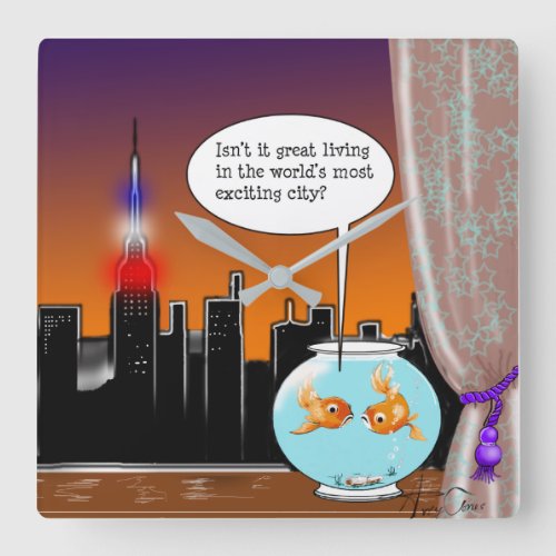 New York City Living Cartoon with Fish in Fishbowl Square Wall Clock