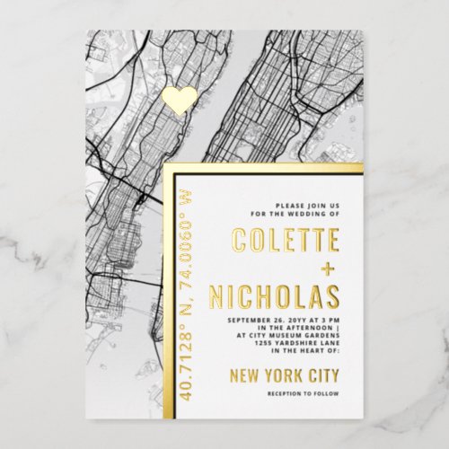 New York City Love Locator  City Themed Wedding Foil Invitation