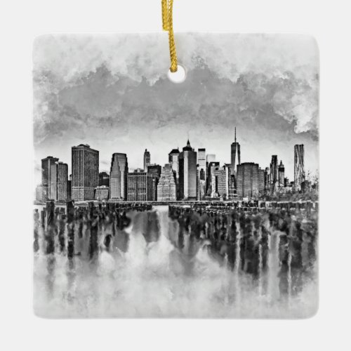 New York City Manhattan Skyline_ black and white Ceramic Ornament