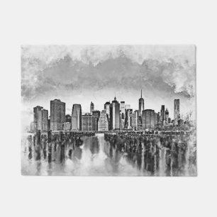 New York City Manhattan Skyline- black and white Doormat