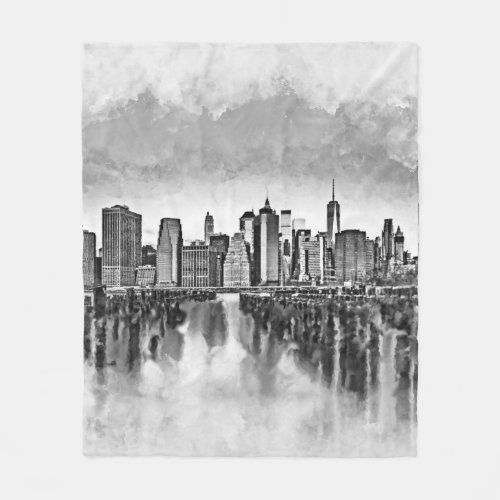 New York City Manhattan Skyline_ black and white Fleece Blanket