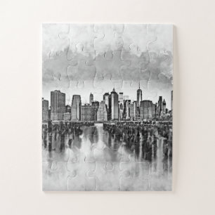 New York City Manhattan Skyline- black and white Jigsaw Puzzle