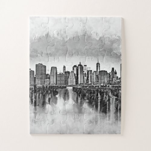 New York City Manhattan Skyline_ black and white Jigsaw Puzzle