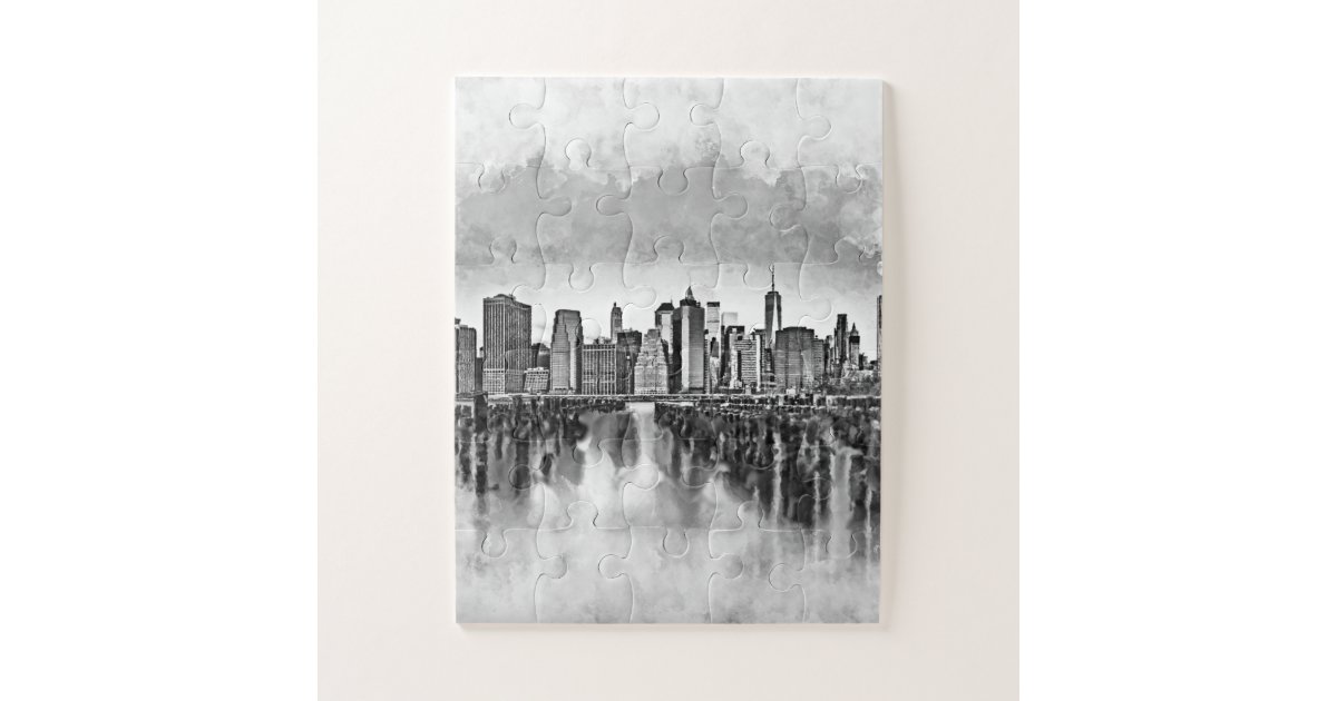New York City Manhattan Skyline- black and white Jigsaw Puzzle | Zazzle