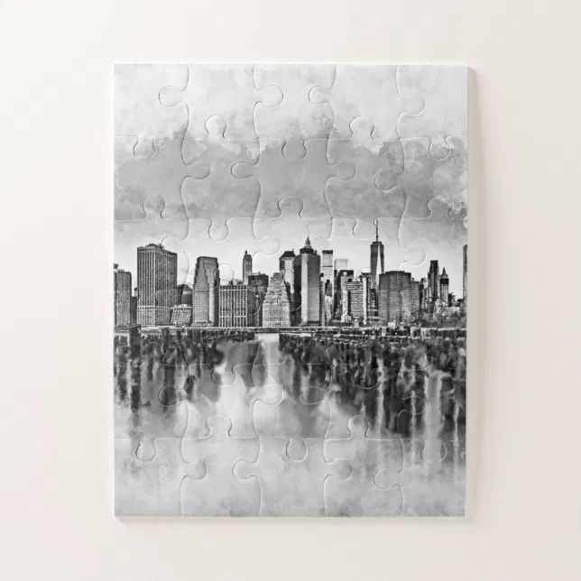 New York City Manhattan Skyline- black and white Jigsaw Puzzle | Zazzle