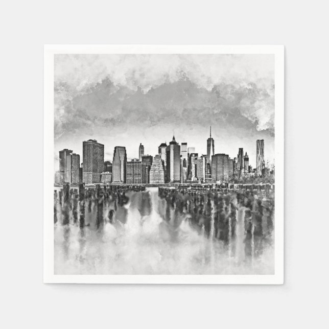 New York City Manhattan Skyline- black and white Napkins (Front)