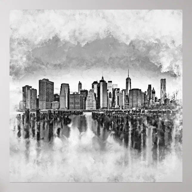 New York City Manhattan Skyline- black and white Poster | Zazzle