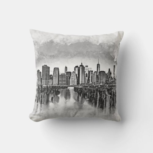 New York City Manhattan Skyline_ black and white Throw Pillow