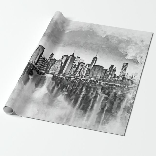 New York City Manhattan Skyline- black and white Wrapping Paper (Unrolled)