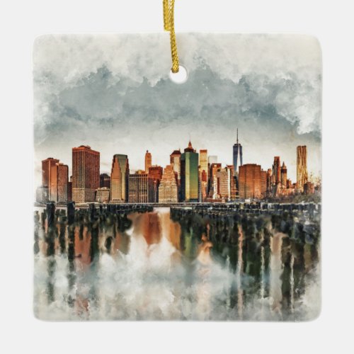 New York City Manhattan Skyline_ mixed media Ceramic Ornament