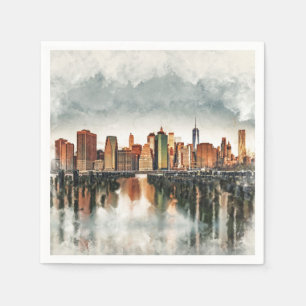 New York City Manhattan Skyline- mixed media Napkins