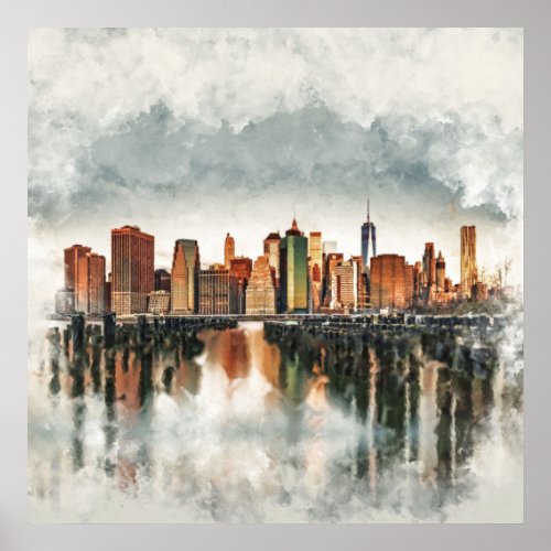 New York City Manhattan Skyline_ mixed media Poster