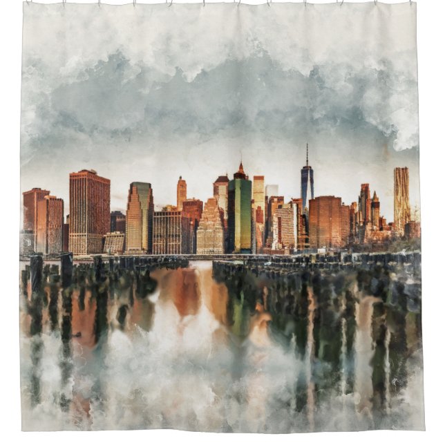 New York City Manhattan Skyline- mixed media Shower Curtain (Front)