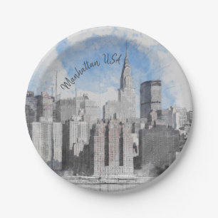  New York City Manhattan Skyline – Modern  Paper Plates