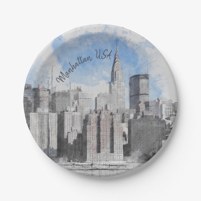  New York City Manhattan Skyline – Modern  Paper Plates (Front)