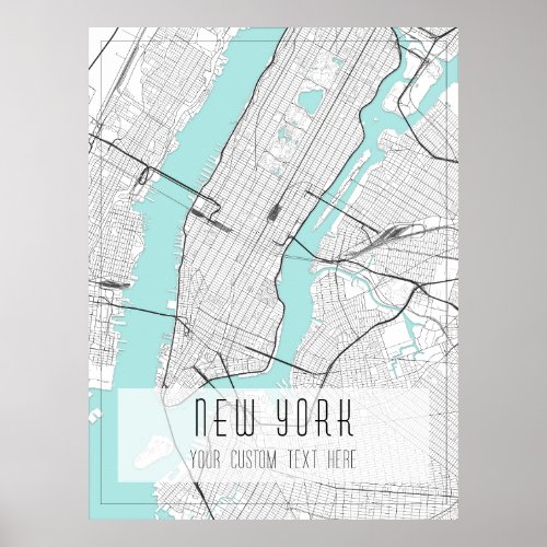 New York City Map Black White and Blue Poster