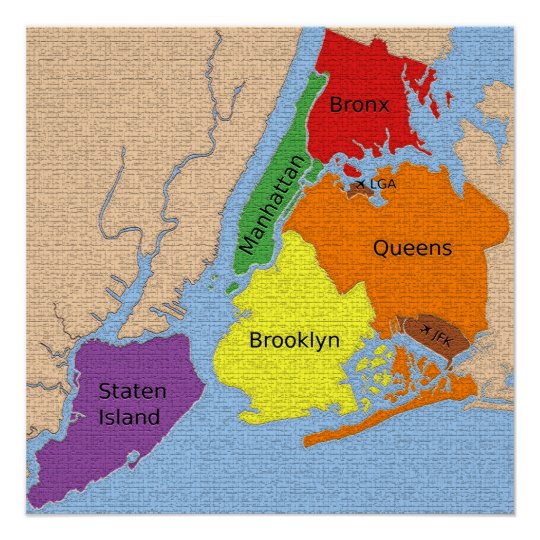 New York City Map Boroughs Labels Glossy Poster | Zazzle.com