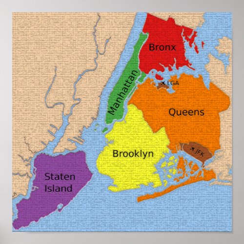 New York City Map Boroughs Labels  Poster