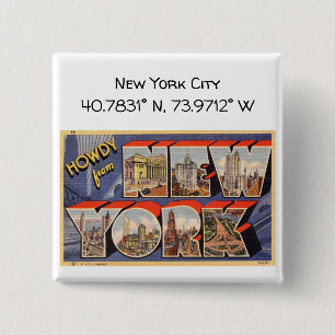 New York City Map Coordinates Vintage Style Button