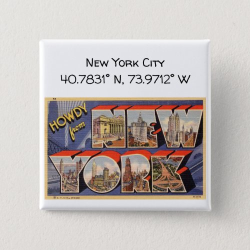 New York City Map Coordinates Vintage Style Button