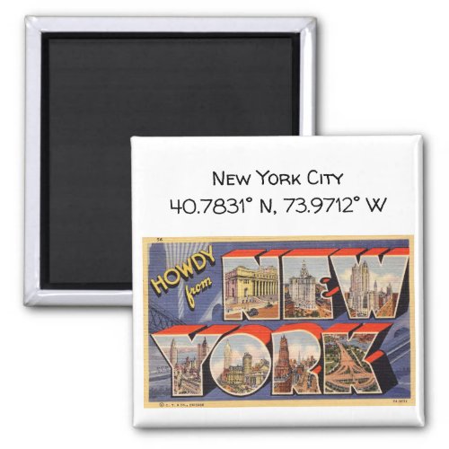 New York City Map Coordinates Vintage Style Magnet