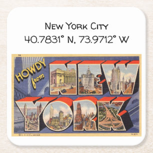 New York City Map Coordinates Vintage Style Square Paper Coaster