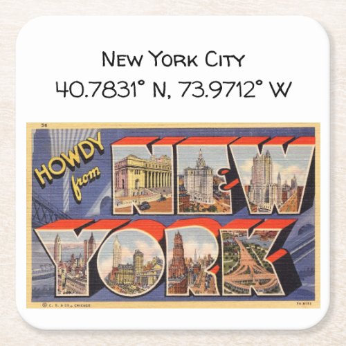 New York City Map Coordinates Vintage Style Square Paper Coaster