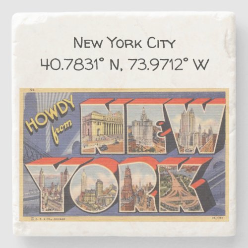 New York City Map Coordinates Vintage Style Stone Coaster