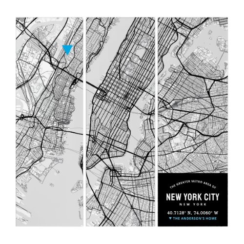 New York City Map  Home Location Marker Triptych