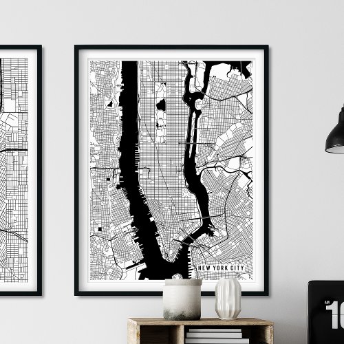 New York City Map Minimal Black and White Map Poster
