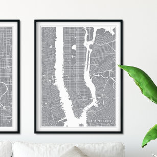 New York City Map, Minimalist Pewter Silver Map Poster